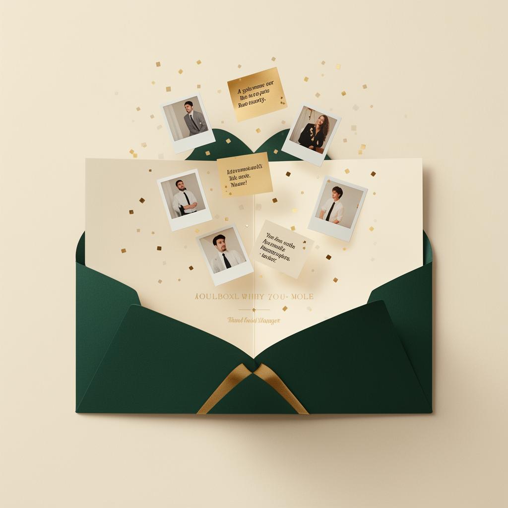 A group greeting card opening with messages and polaroid photos